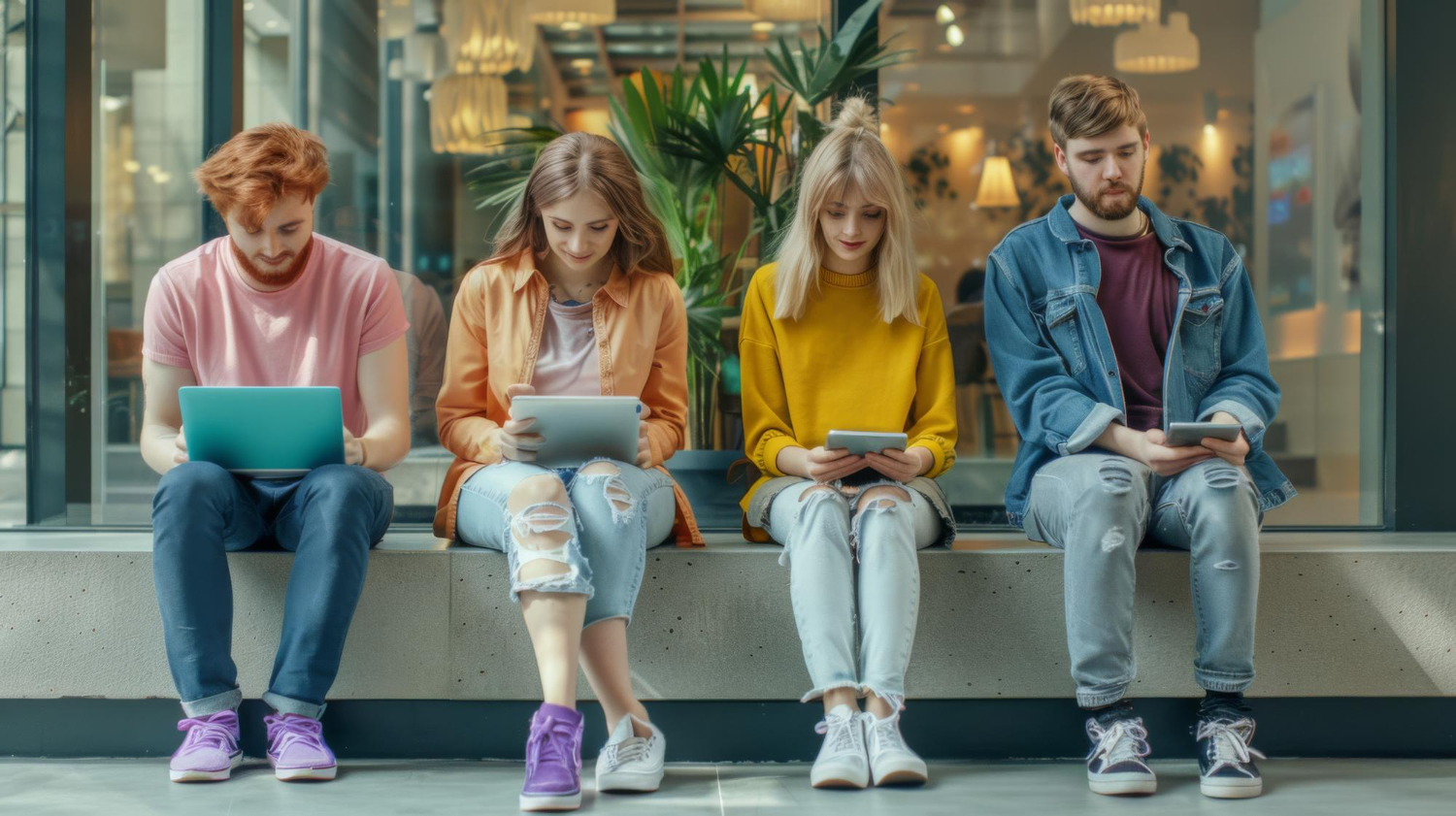 Five people sitting on the floor with laptops, engaged in work or study.