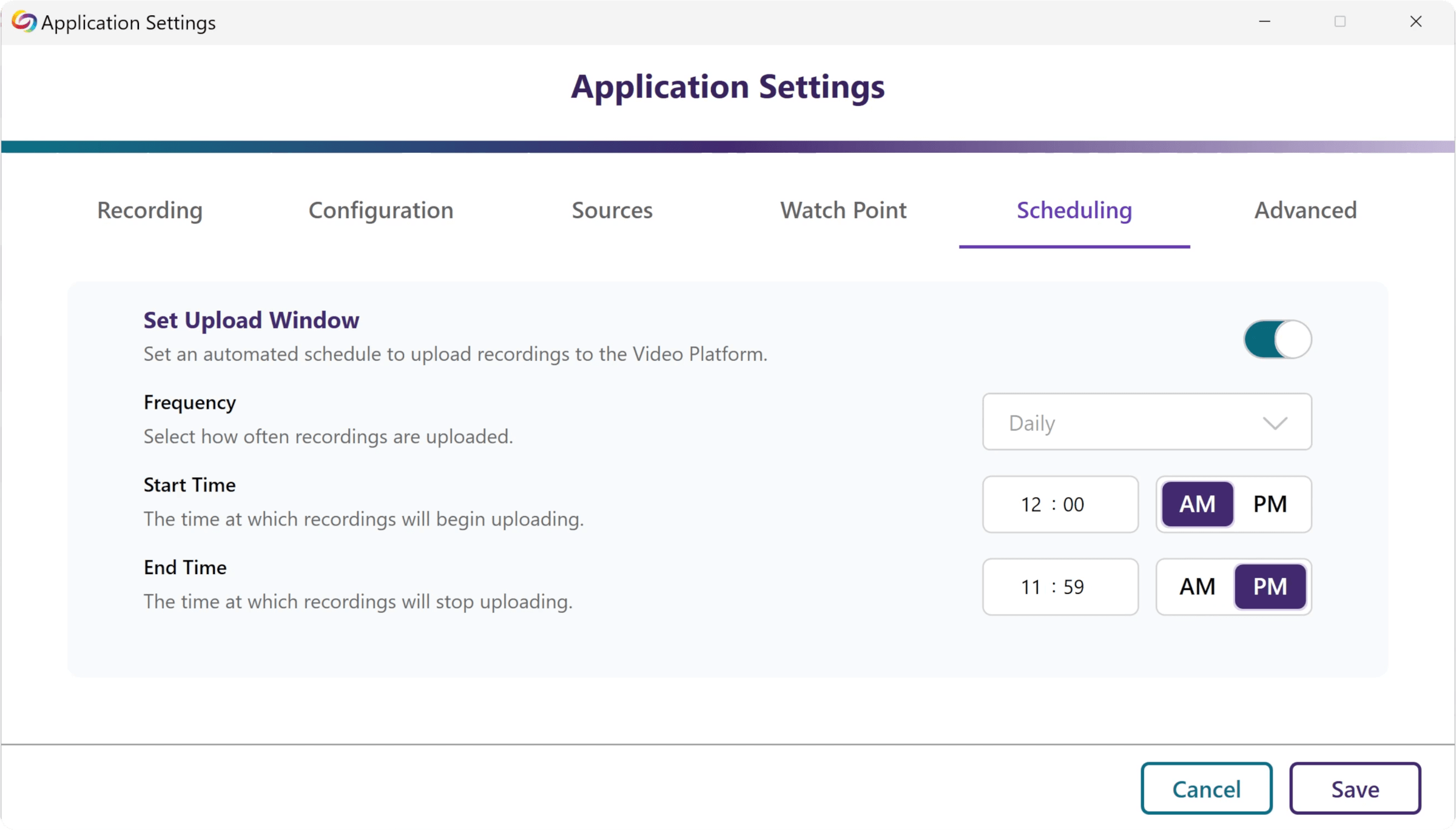 The Software Capture Application Settings menu, which allows you to schedule video uploads.