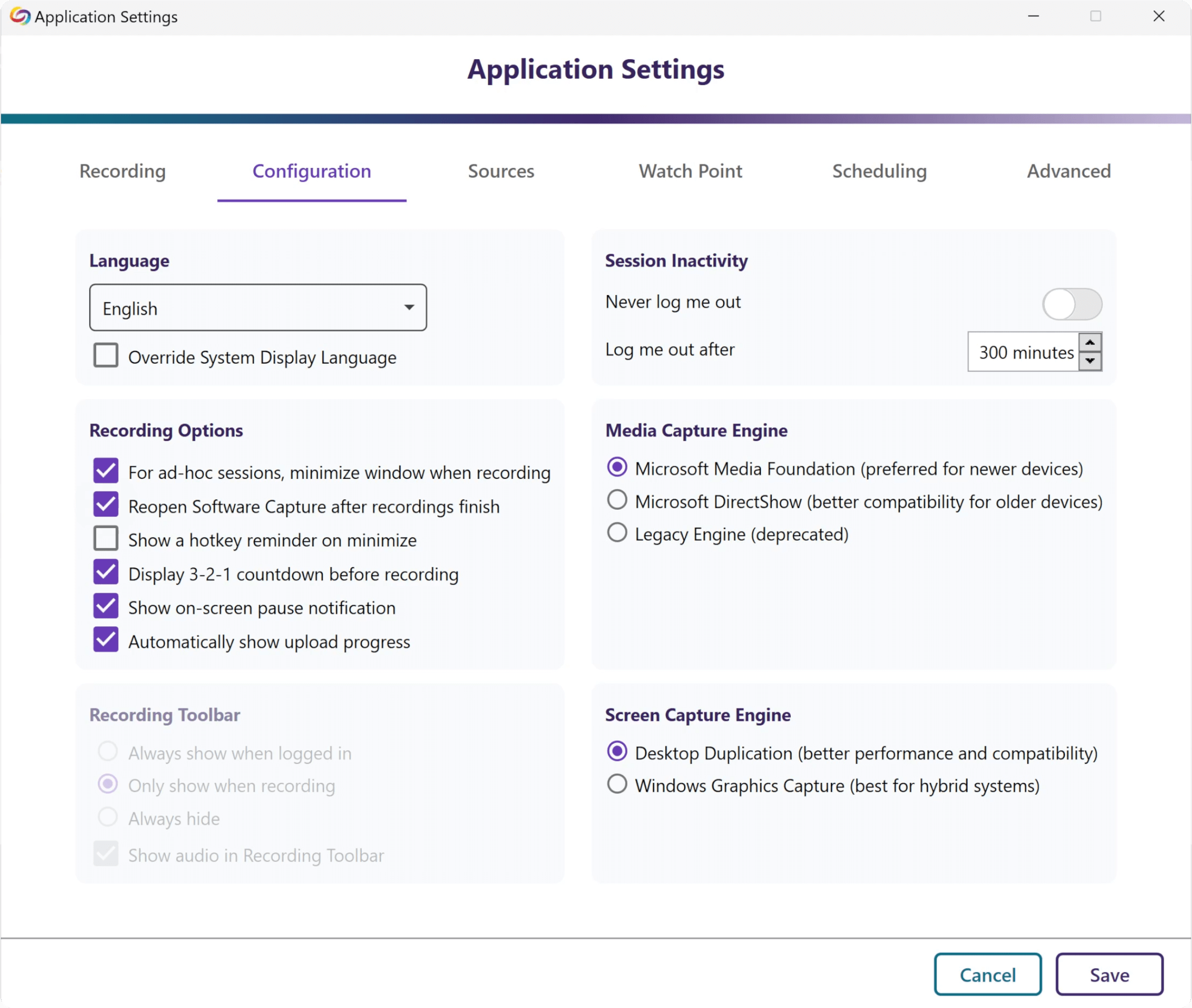 The Software Capture Application Settings menu, featuring the Configuration tab.