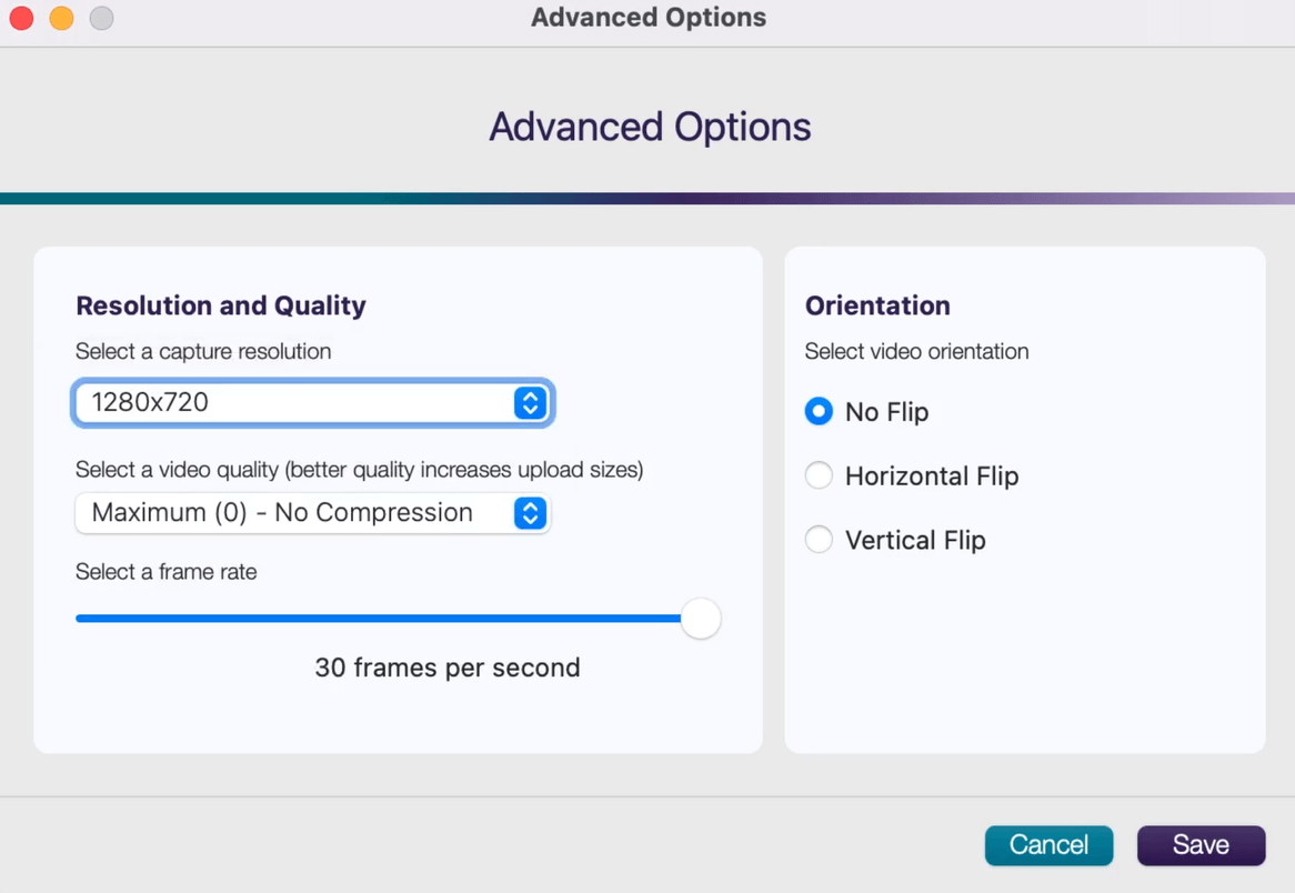 The Resolution and Quality Settings in Software Capture.