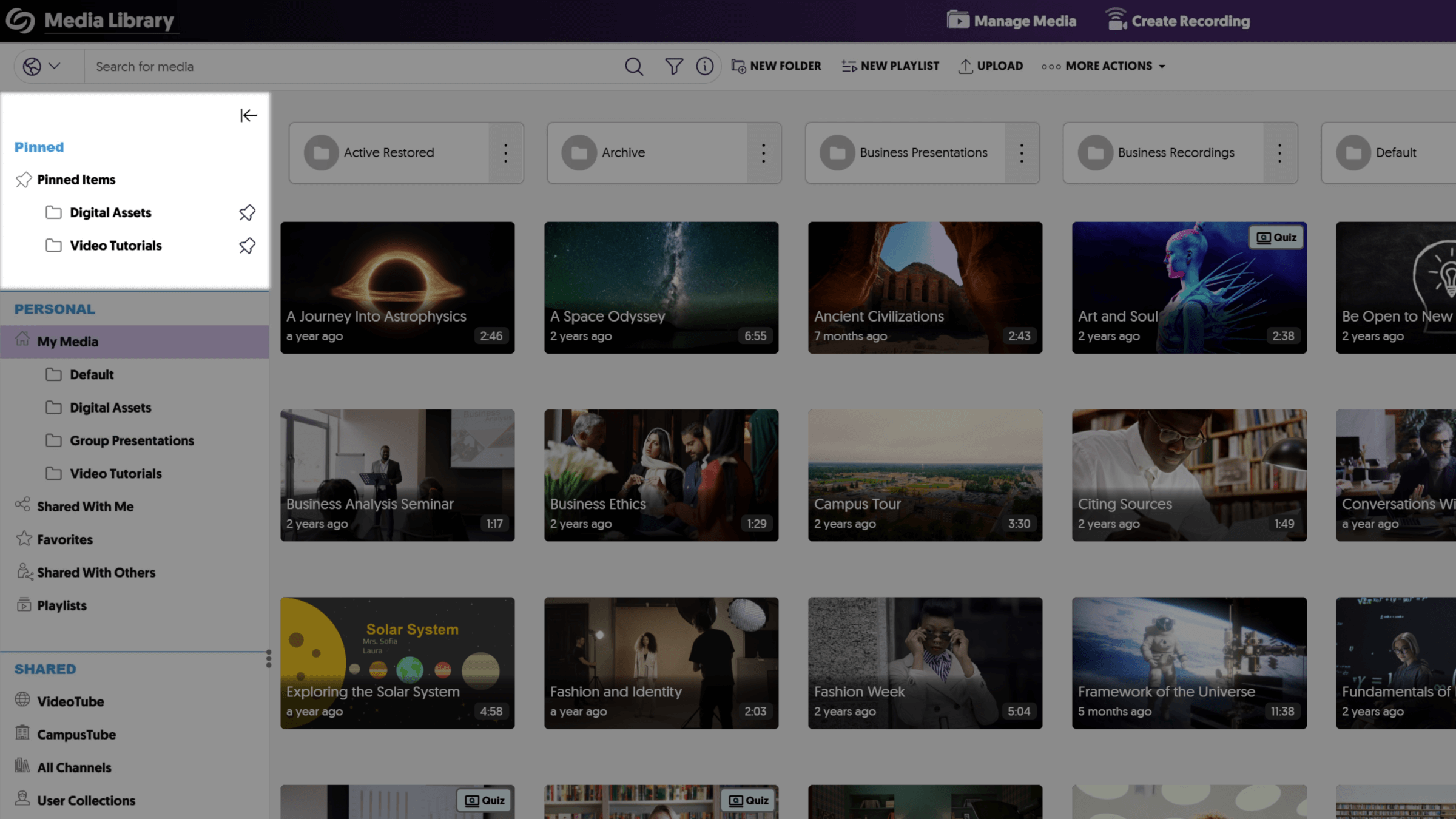 Two folders, one called Digital Assets and the other called Video Tutorials, are pinned to the sidebar on the Manage Media page.