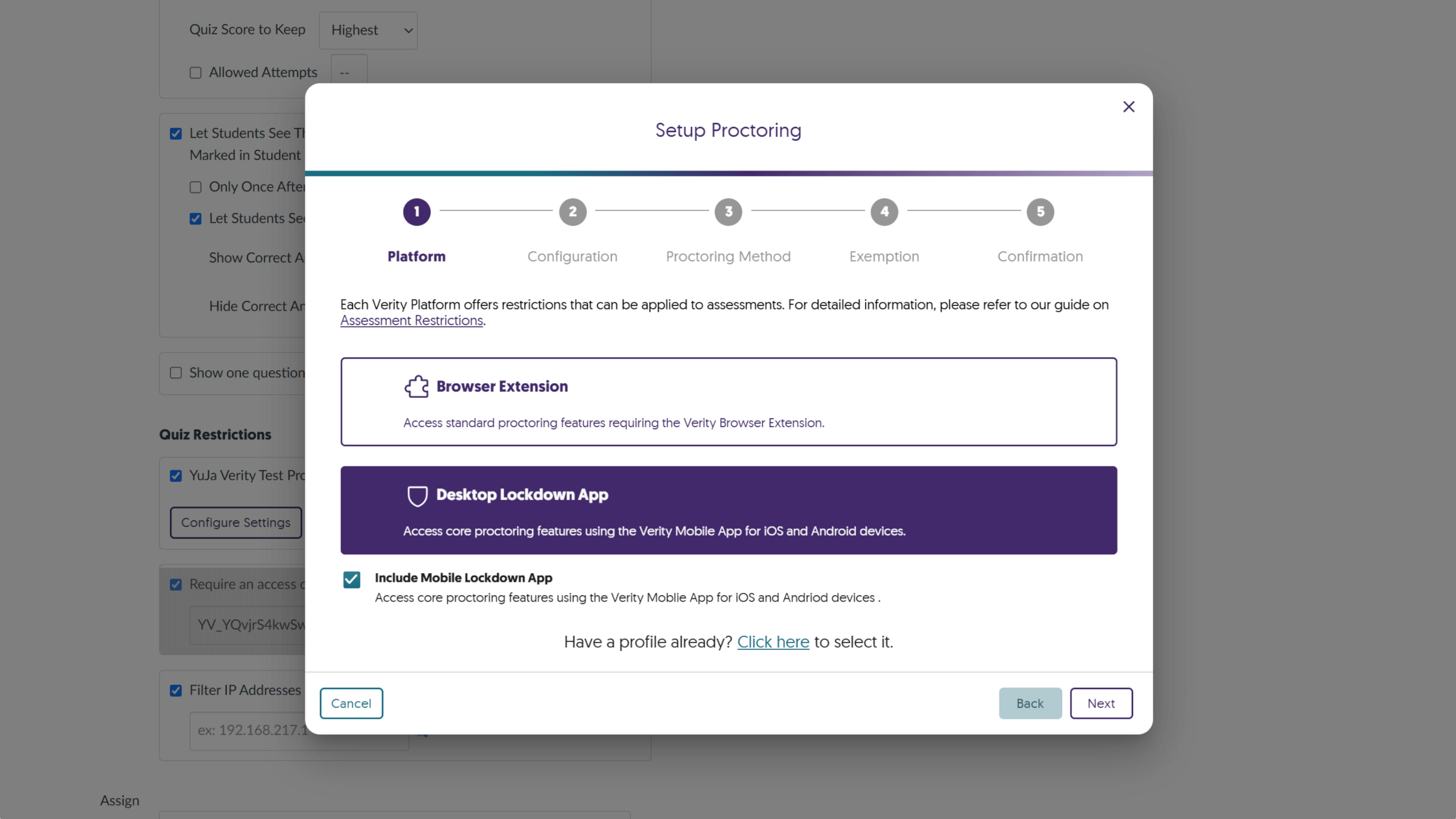 Screenshot of Setup Proctoring with Desktop Lockdown App highlighted