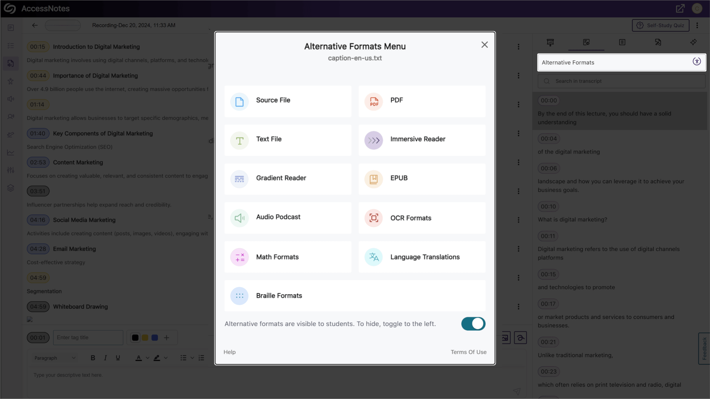 The Alternative Formats Menu open in AccessNotes.