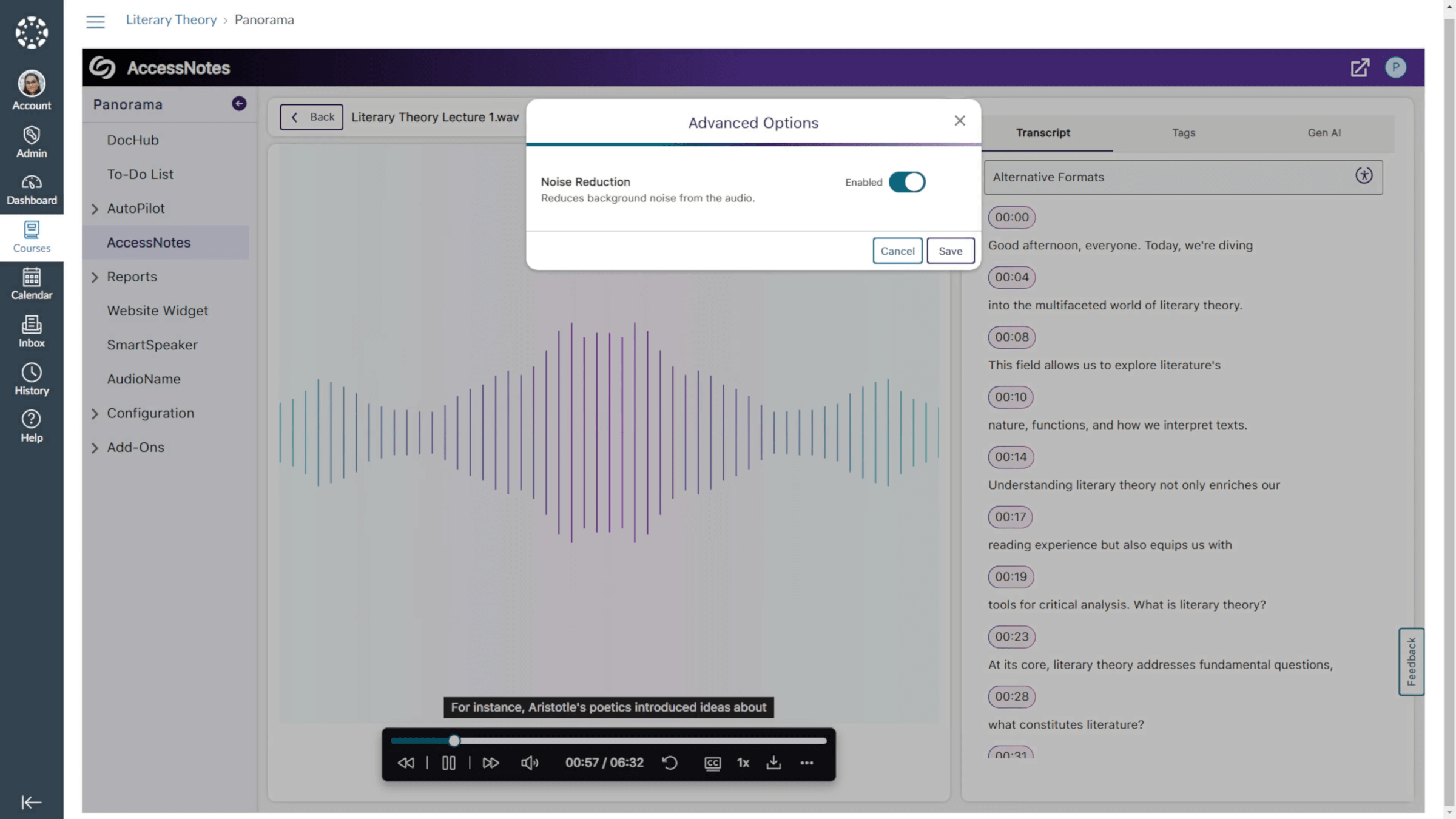 The ability to reduce noise from audio recordings is featured in AccessNotes.