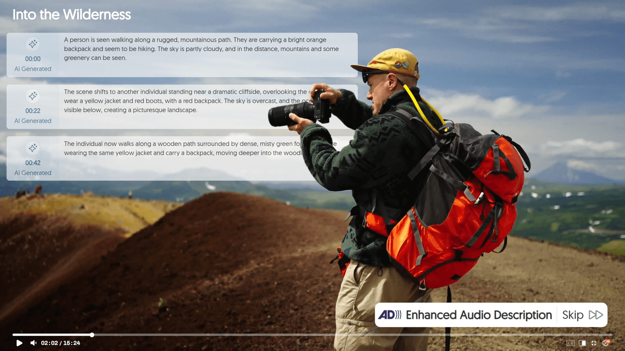 A paused video features an AI-Generated Enhanced Audio Description of a photographer in the wilderness, with text examples of AI-Generated audio descriptions.