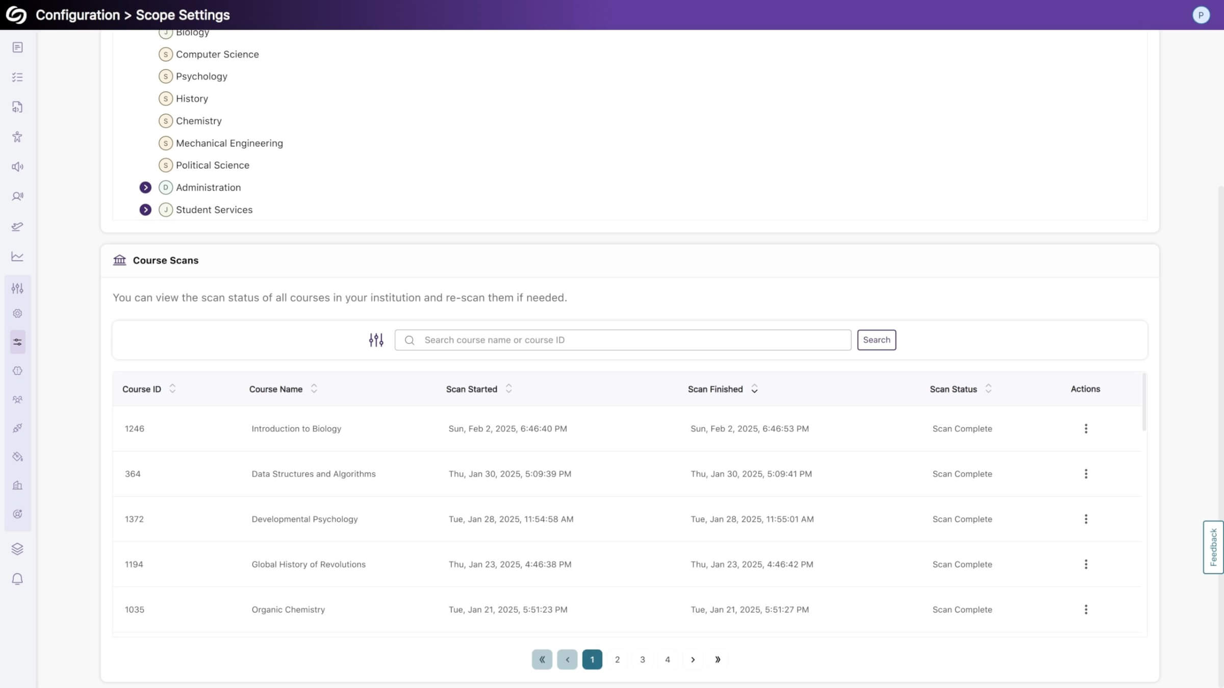 The Scope Settings page in YuJa Panorama, which allows users to view real-time progress of course scans.