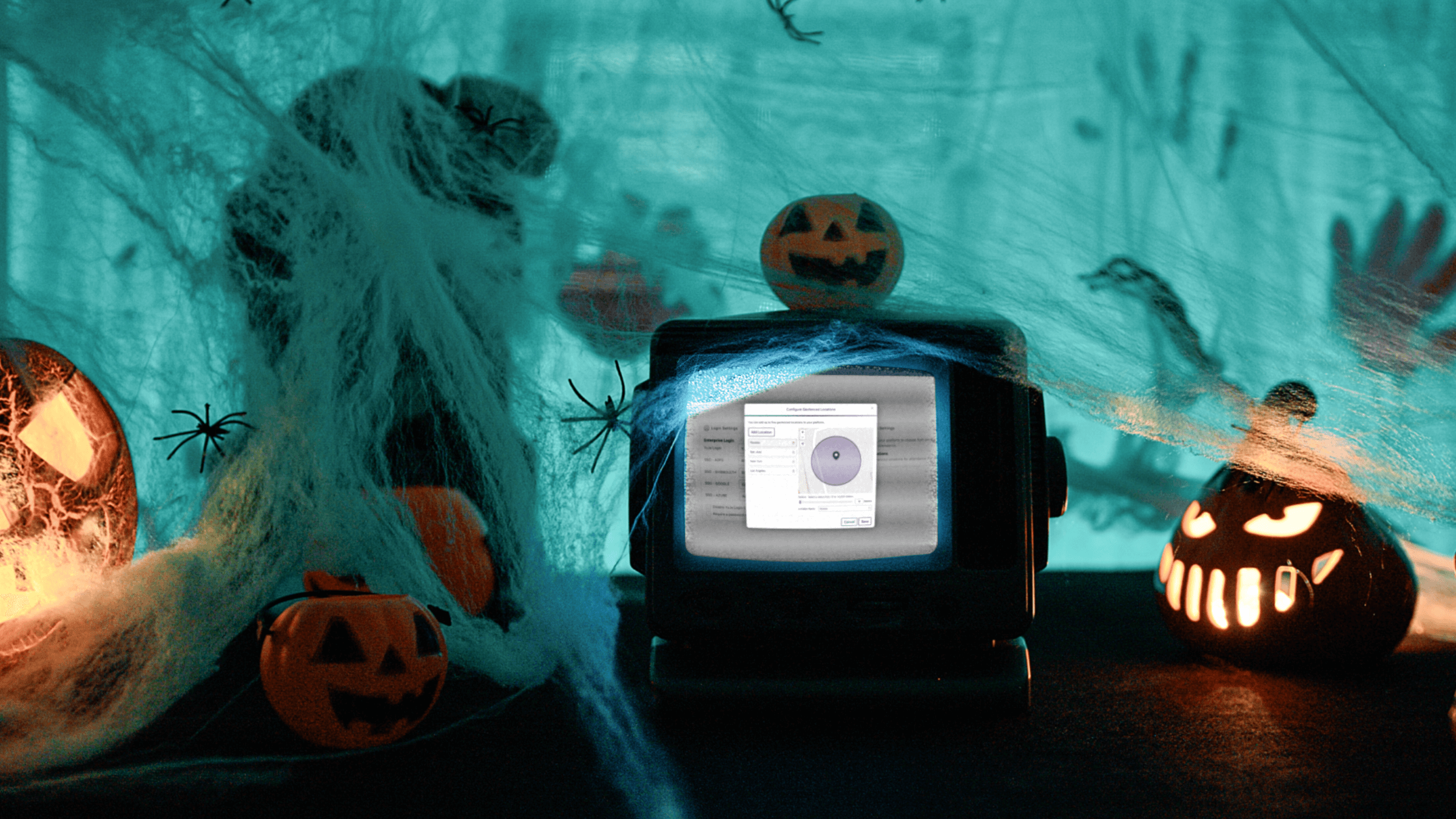 An old TV sits on a table in a dark room, and features the Engage Configure Geofenced Locations modal, surrounded by spiders and jack-o'-lanterns.