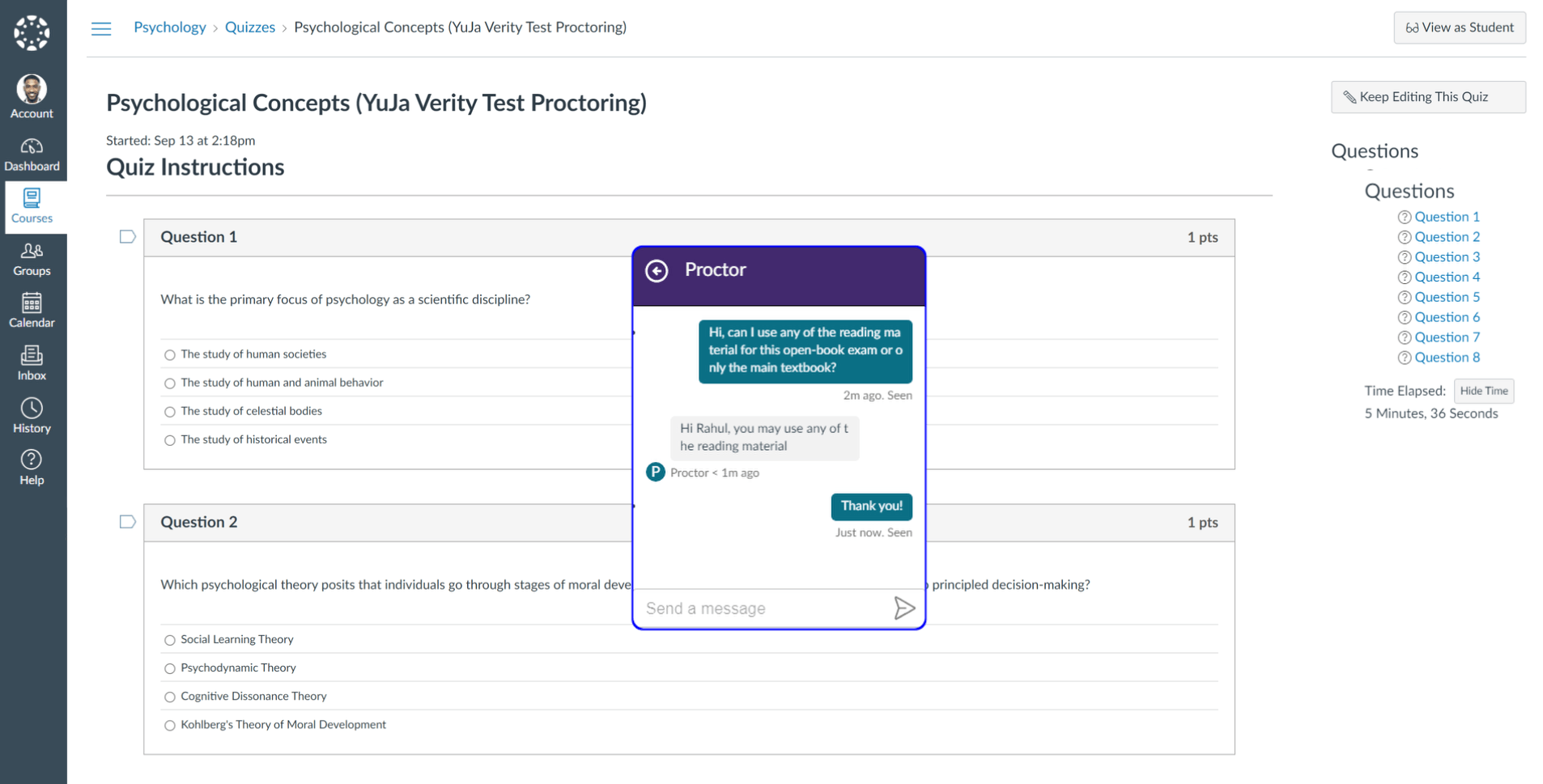 A quiz in YuJa Verity with the proctor chat open.