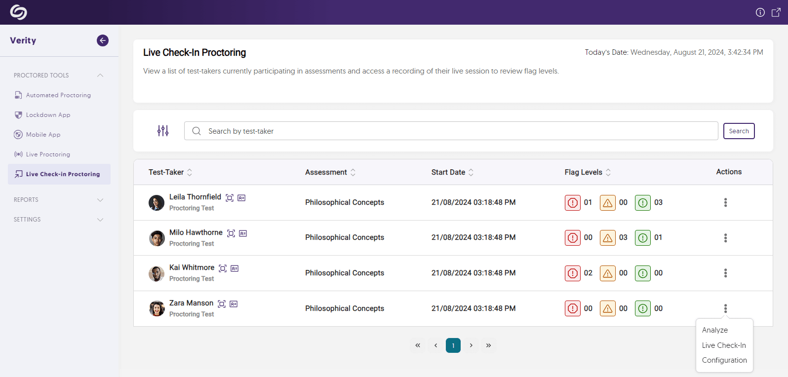 The YuJa Verity Live Check-In Proctoring dashboard.                  