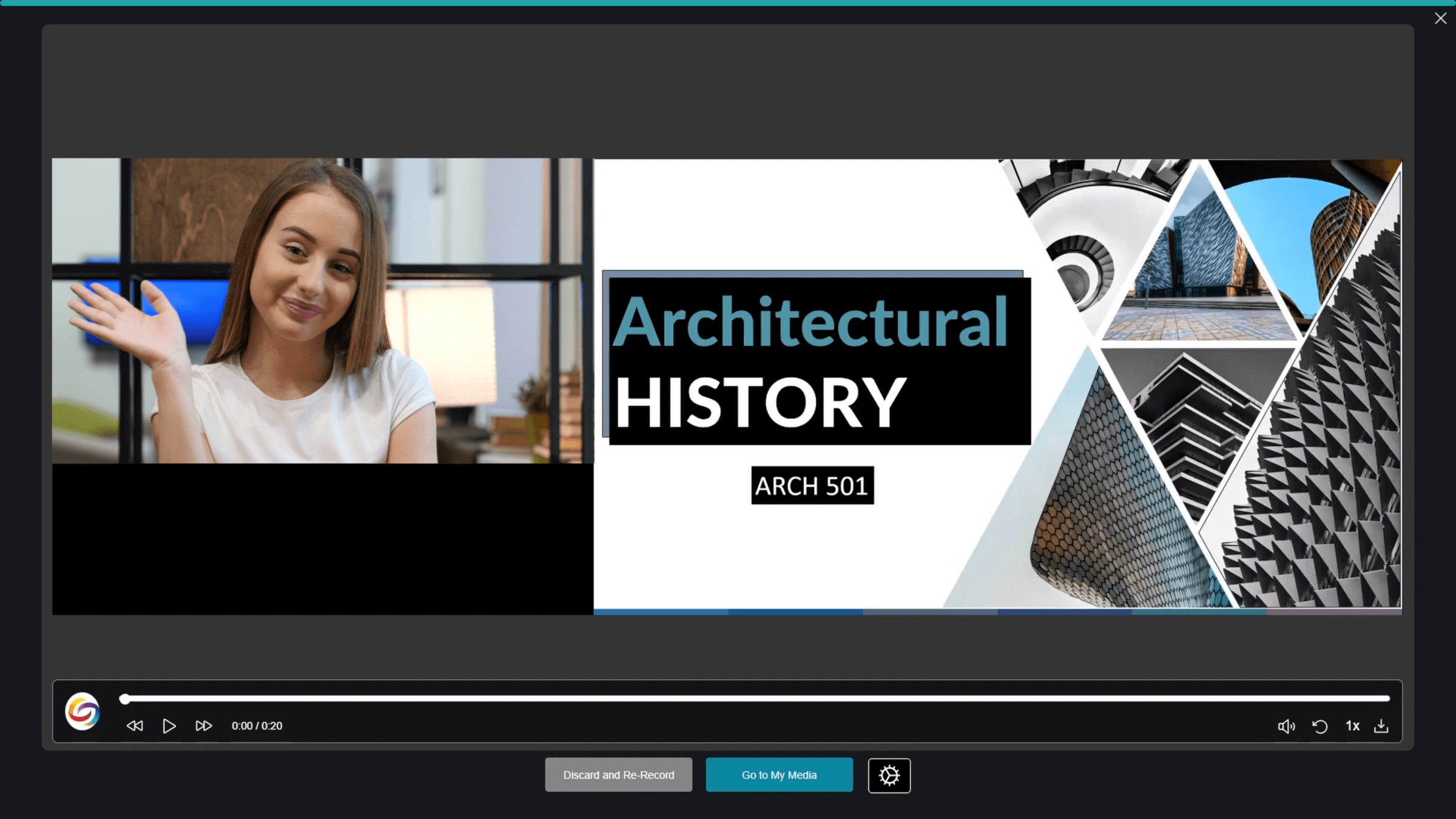 Browser Capture Studio, featuring a young woman waving during a Architectural History presentation.