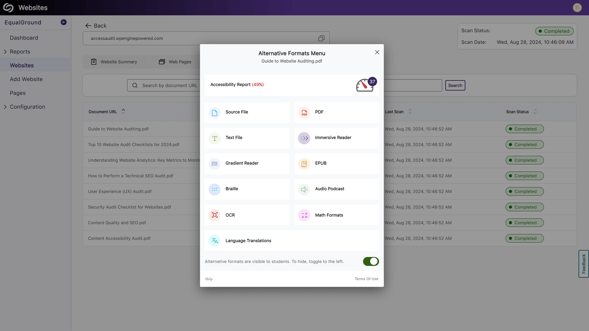 The Documents tab on the Websites page in the EqualGround Accessibility Governance Platform displays a list of documents found on the website, along with their Accessibility Scores.