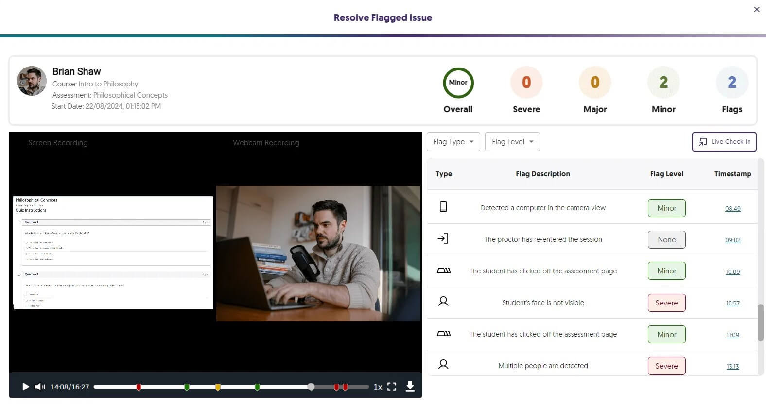 The YuJa Verity “Resolve Flagged Issue” screen shows with recordings and flags..