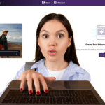 A young woman is on her laptop, shocked at excited by the new features. The screen to create an Enhanced Audio Description is behind her as a backdrop.