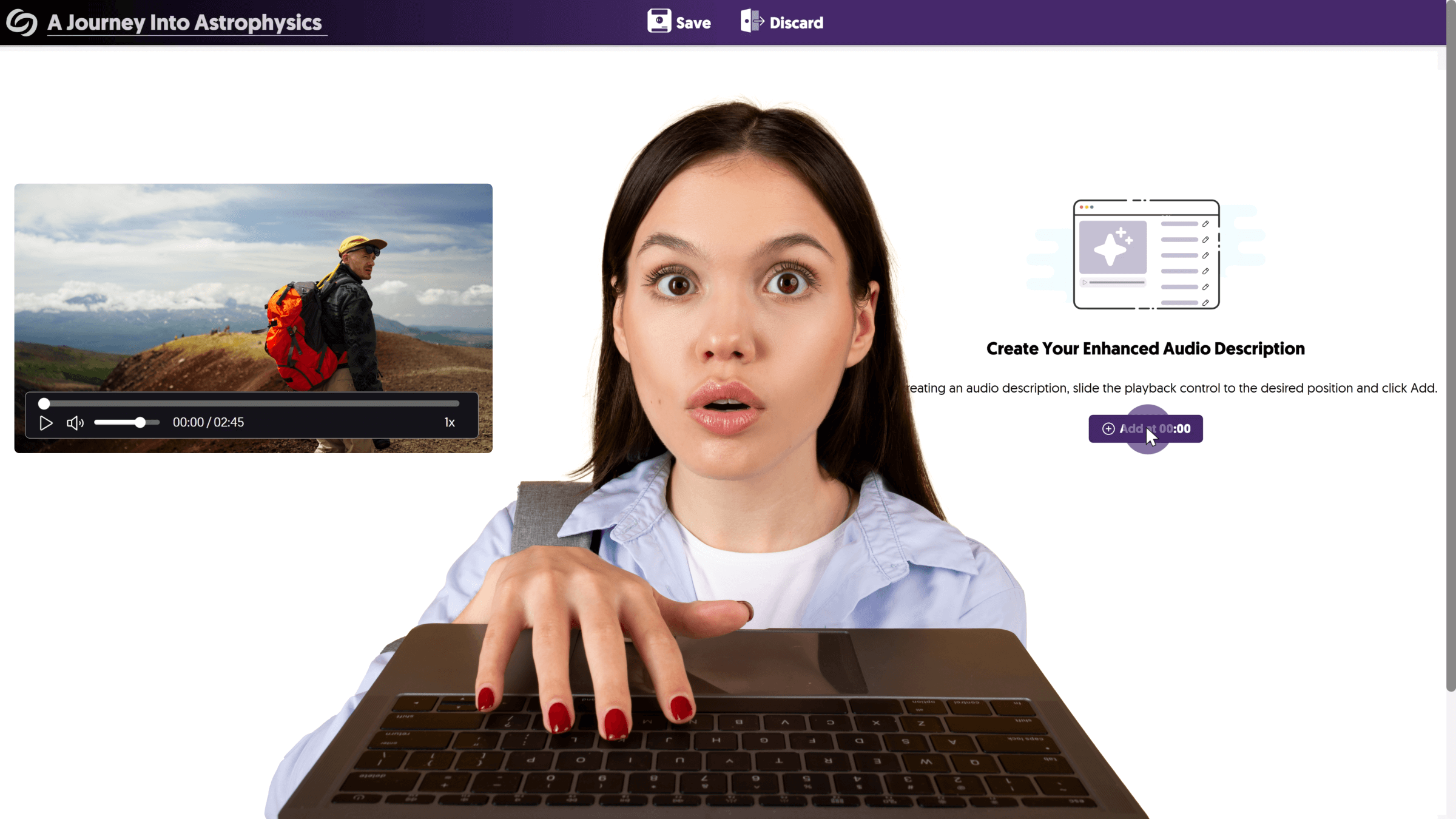 A young woman is on her laptop, shocked at excited by the new features. The screen to create an Enhanced Audio Description is behind her as a backdrop.