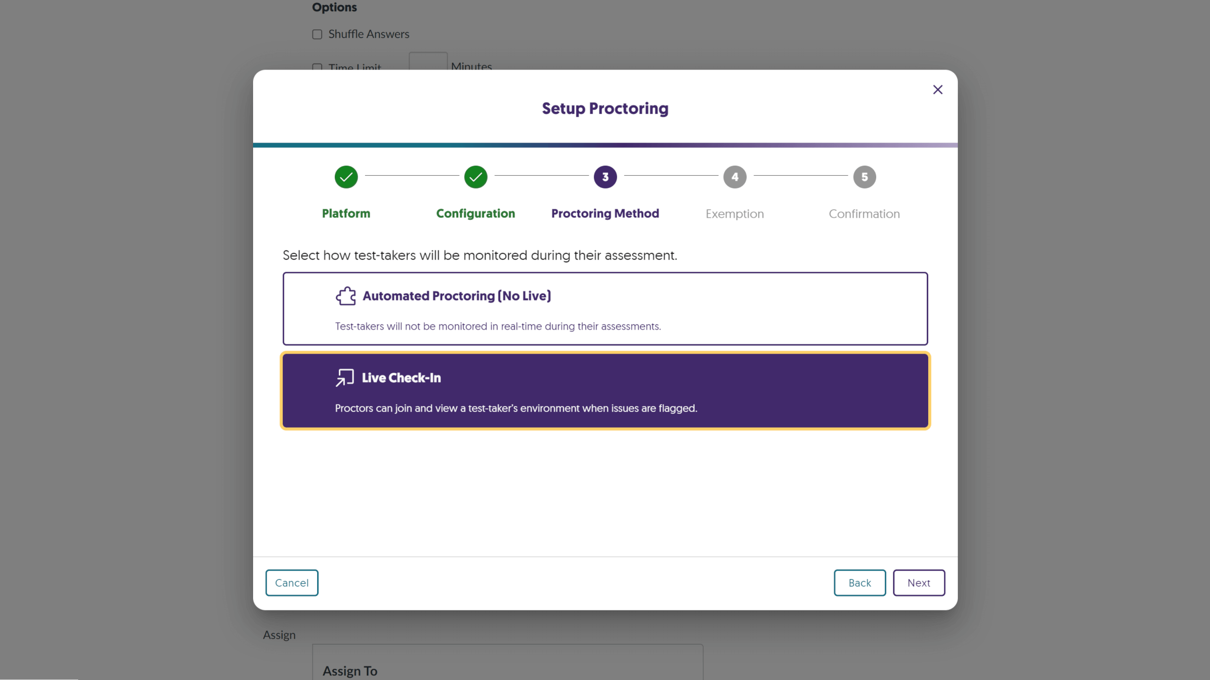 Screenshot of Proctoring Methods Automated Proctoring and Live Check-In