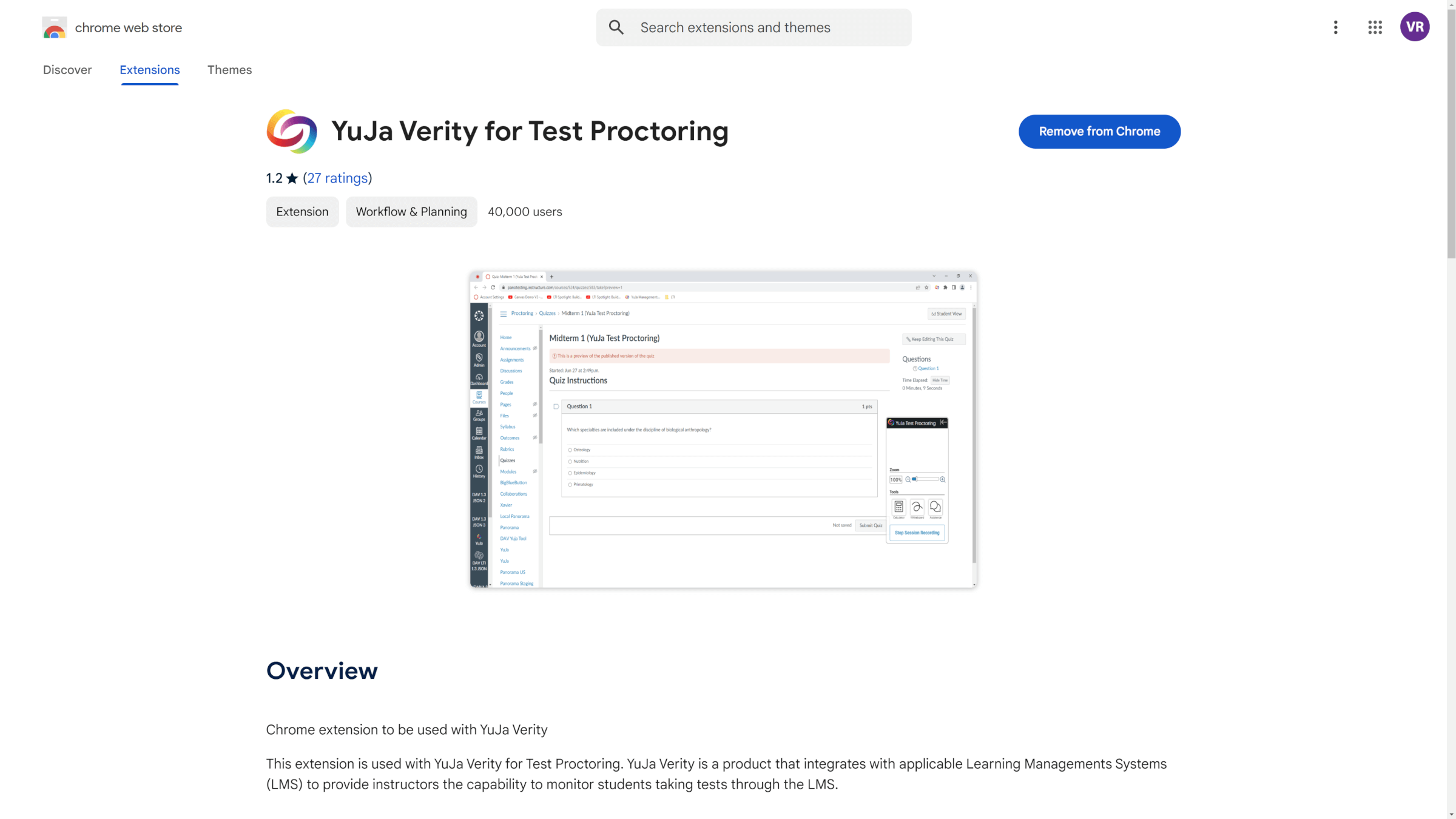 A screenshot of the YuJa Verity Test Proctoring Platform on the Chrome Web Store.