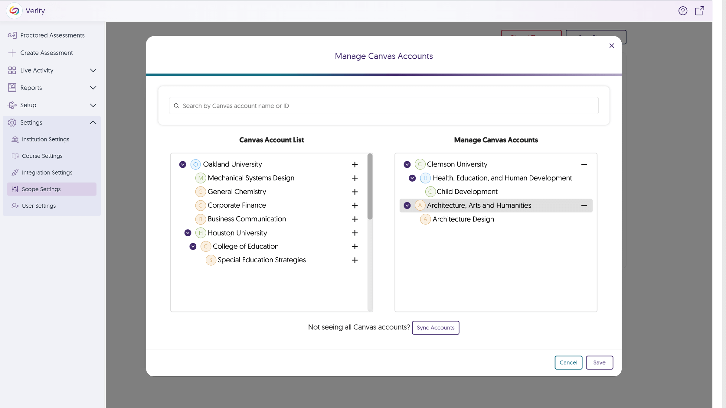 Screenshot of Manage Canvas Accounts