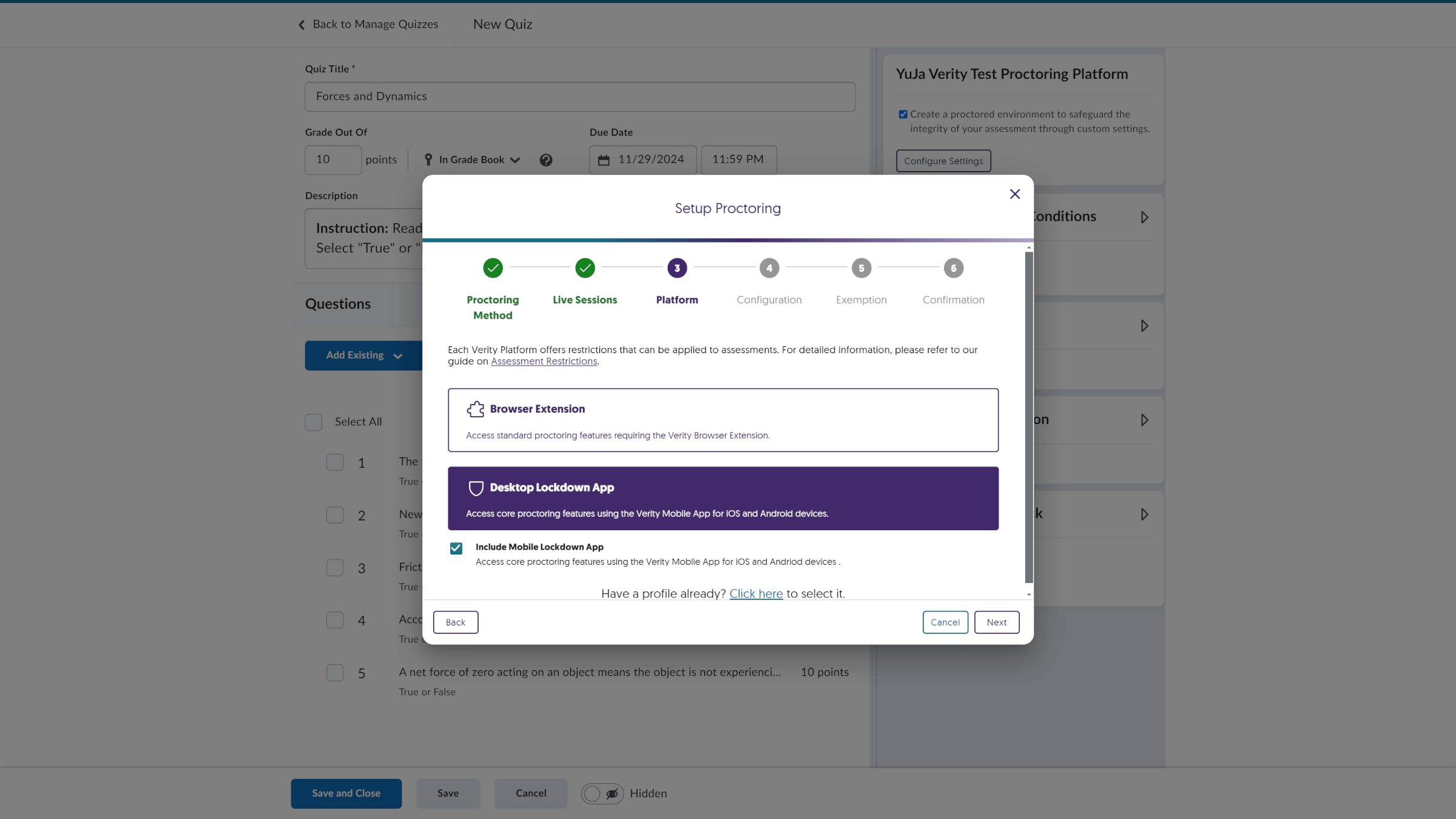 A screenshot of the proctor settings to Create Quizzes and define the proctoring experience.