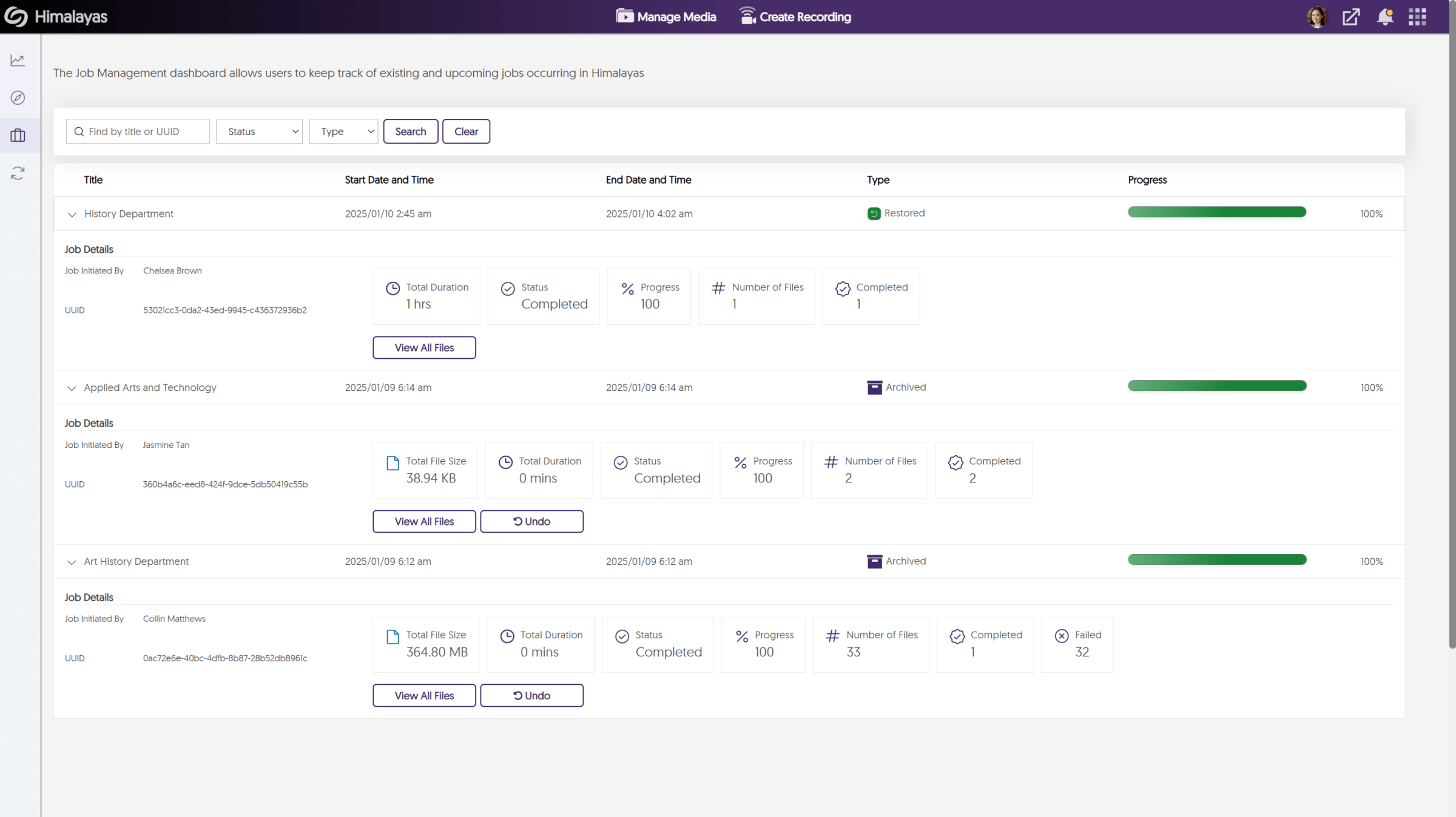 Screenshot of YuJa Himalayas Job Management.