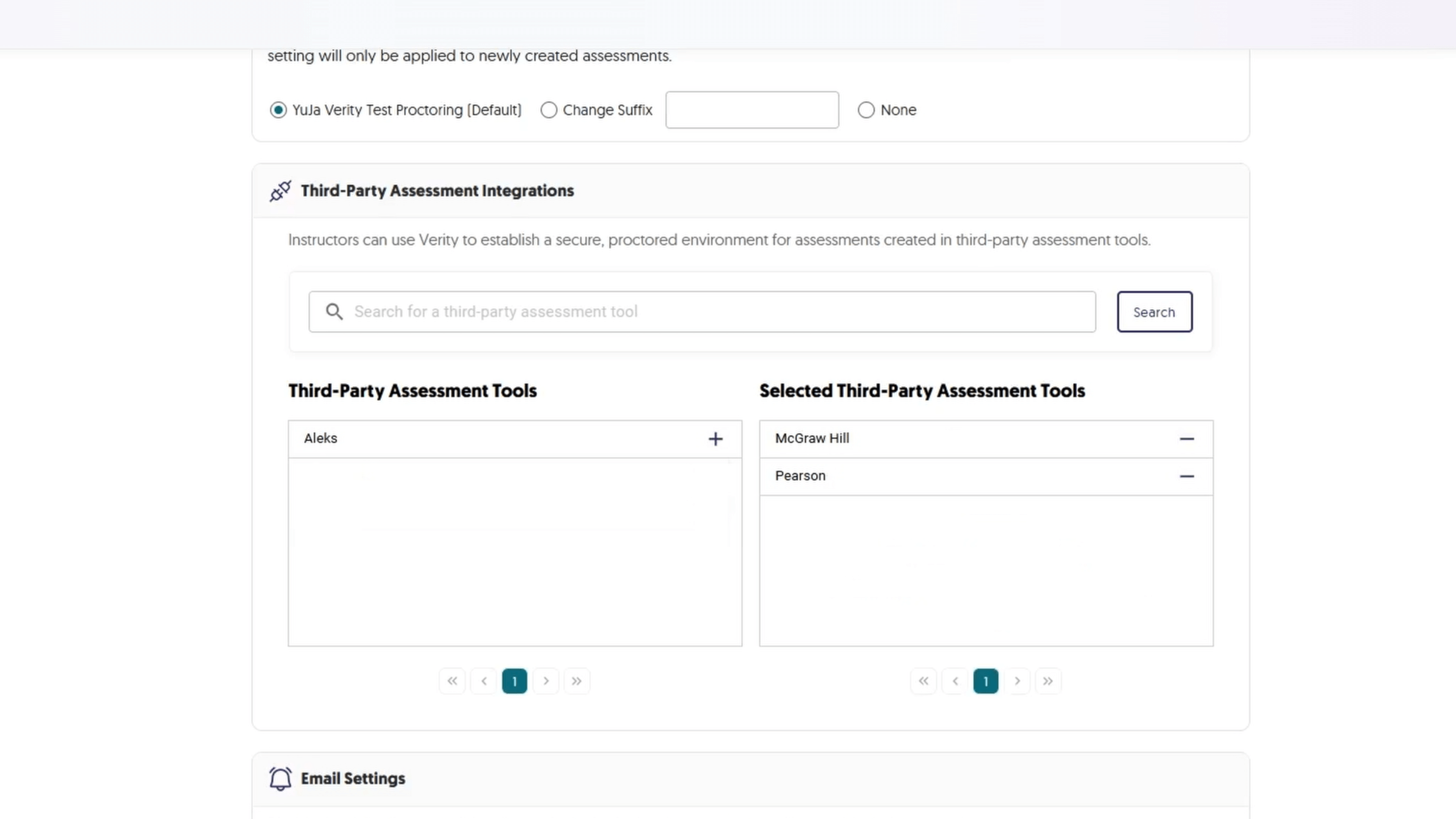 Third-party assessment tools enabled or disabled at the institution level.