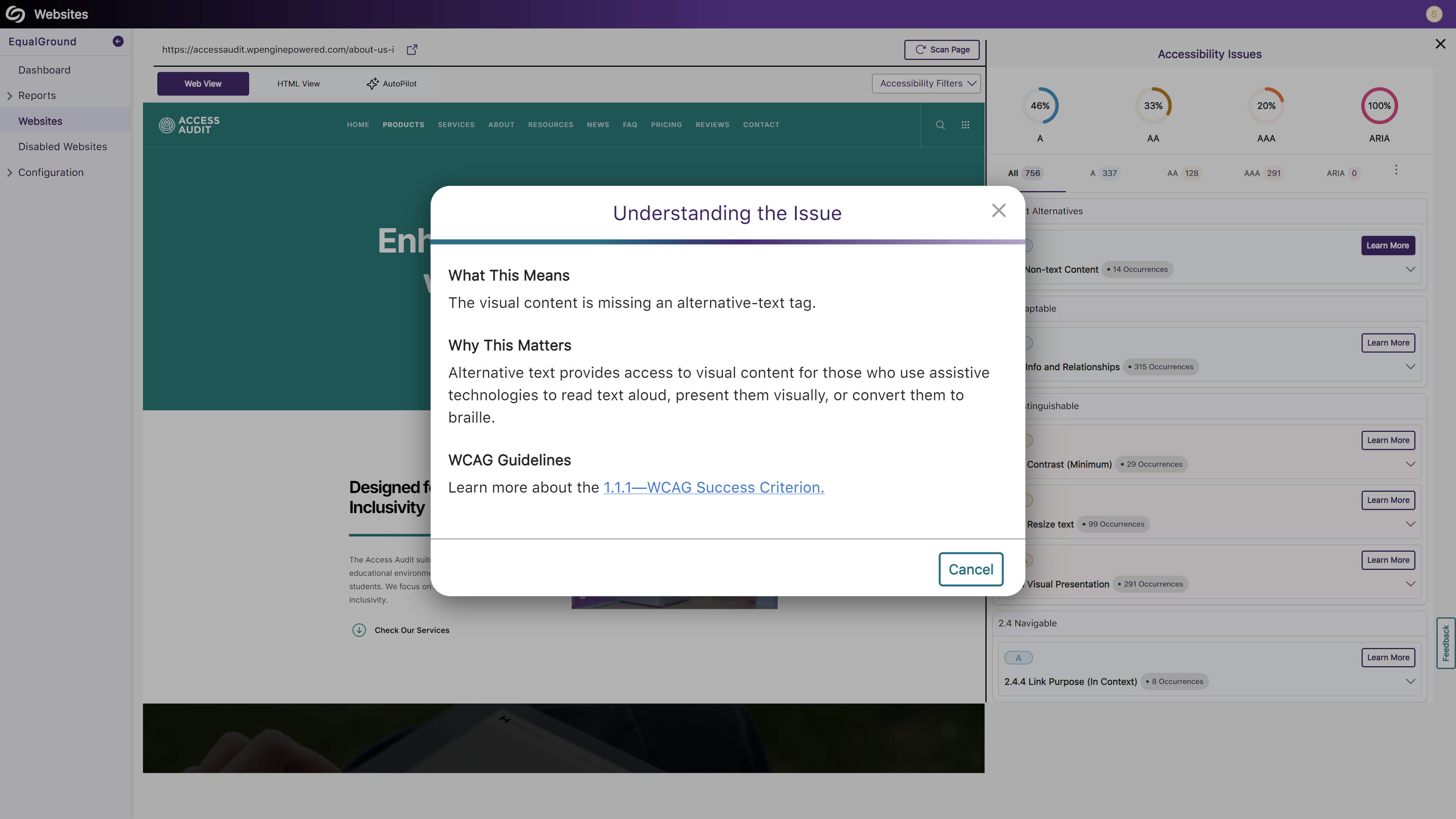 An Understanding the Issue modal is open in the EqualGround Accessibility Governance Platform, which explains What This Means and Why This Matters.