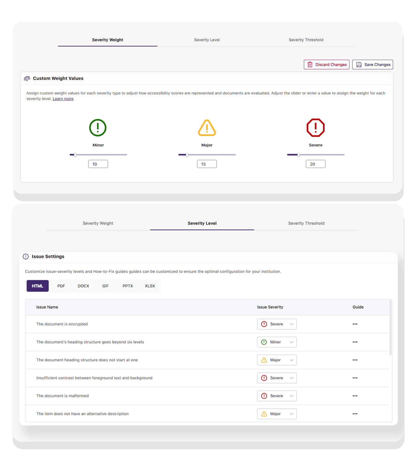 Pop up with dropdowns of the list of issues temperatures, minor, major, and severe.