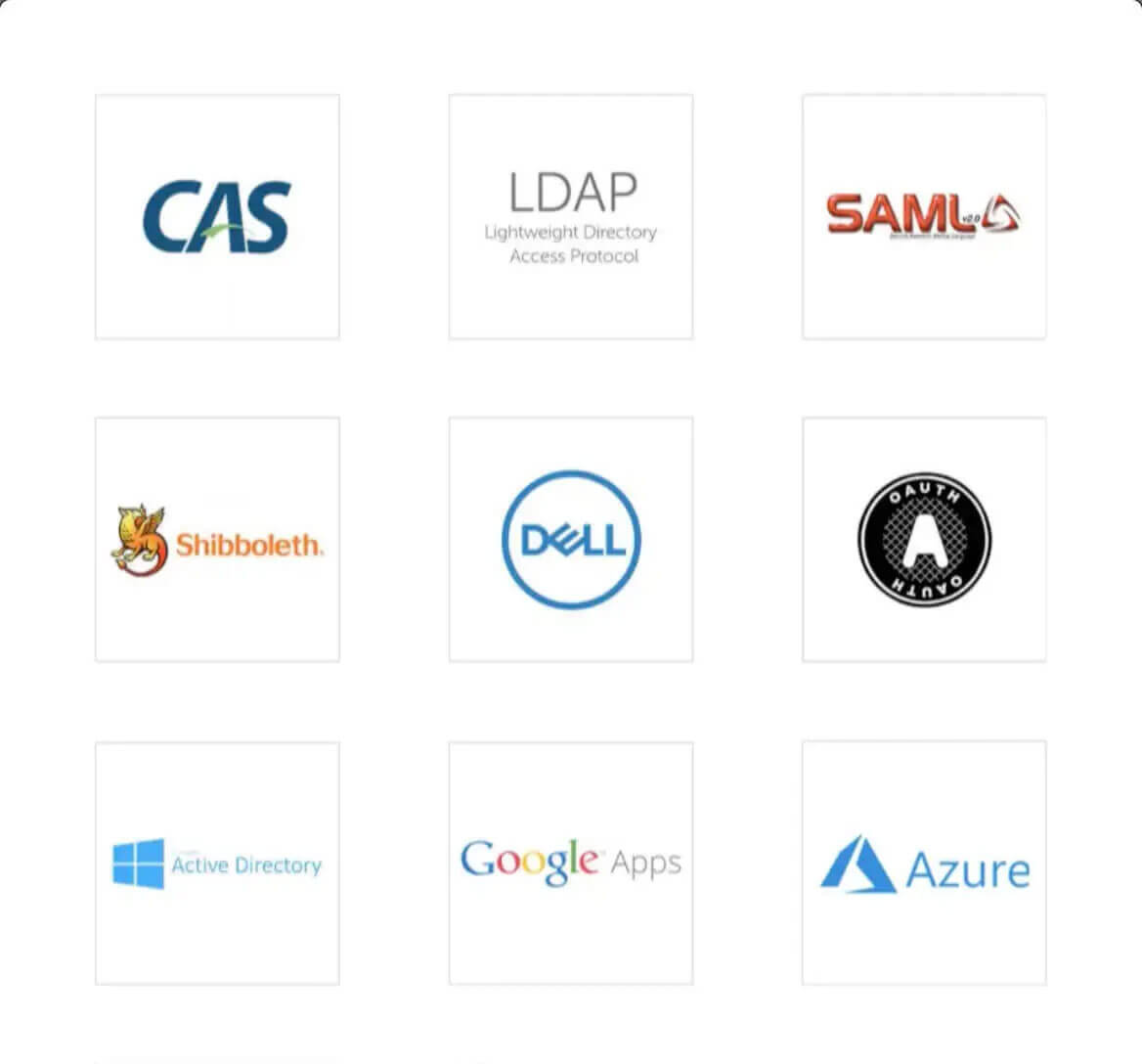 A collection of Single-Sign-On product logos displayed on a white background.